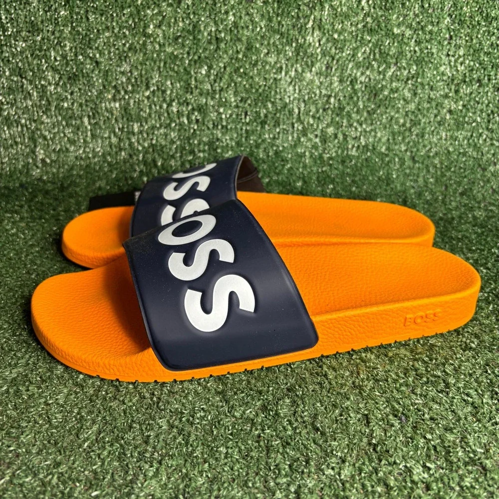 NEW‎ BOSS Aryeh Logo Rubber Pool Beach Sandal Slide Orange Navy Mens Size 12